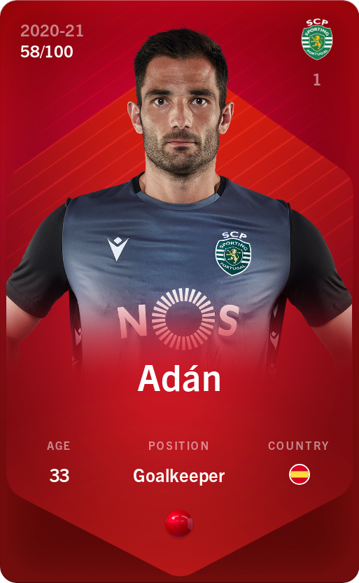 Sorare - Sorare Official - Adán 2020-21 • Rare 58/100 - NFT # 82328808296385957985592977509883863722690436128726158686111163730911418741448