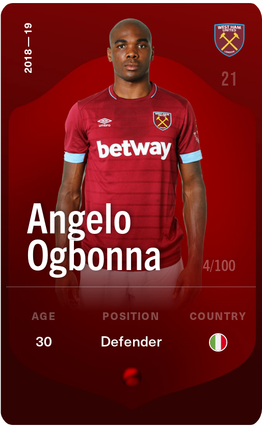 Sorare - Sorare Official - Angelo Ogbonna 2018-19 • Rare 4/100 - NFT # 10832772360489411322385094140291750299270437039808015474758235343008281797898