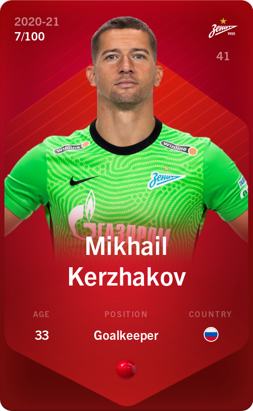 Sorare - Sorare Official - Mikhail Kerzhakov 2020-21 • Rare 7/100 - NFT # 25306346691263150728054383210702066060258515837820825579824900929812953678961