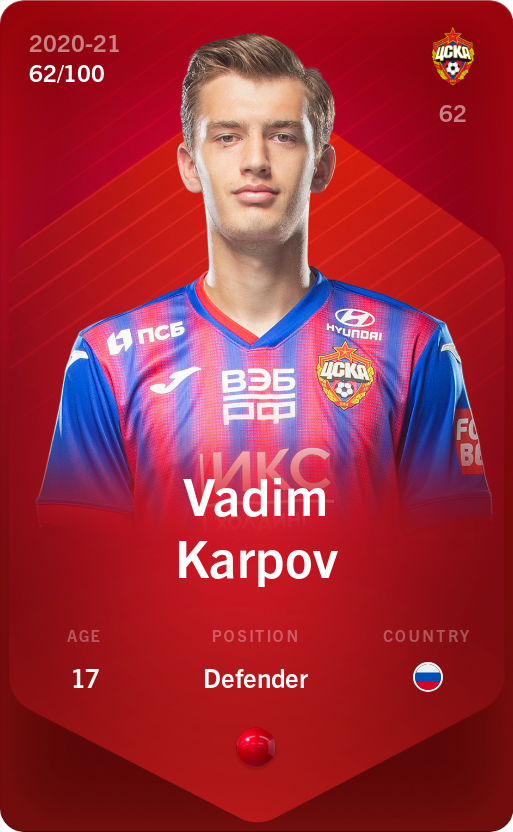 Sorare - Sorare Official - Vadim Karpov 2020-21 • Rare 62/100 - NFT # 19396060255102196715715355012149862180765323944100816616663403462600734694926