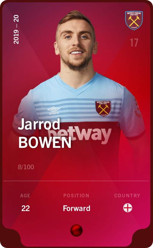 Sorare - Sorare Official - Jarrod Bowen 2019-20 • Rare 8/100 - NFT # 24875320107369206229224264390642332309103515407933972461432618424778625477968