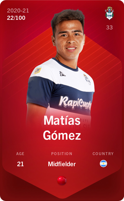 Sorare - Sorare Official - Matías Gómez 2020-21 • Rare 22/100 - NFT # 65280775055408922593623450113620503447698633463648930317230338588057480966091