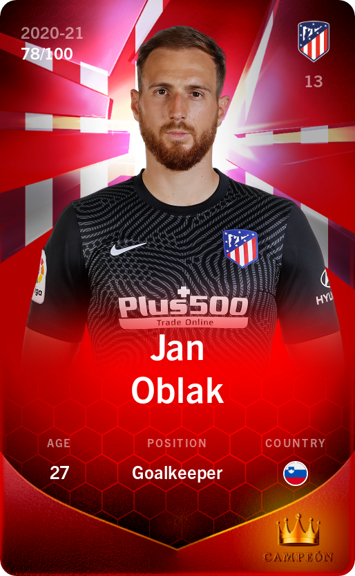 Sorare - Sorare Official - Jan Oblak 2020-21 • Rare 78/100 - NFT # 106885209094466862066855959846704153438678111615296884189456520371392055492119