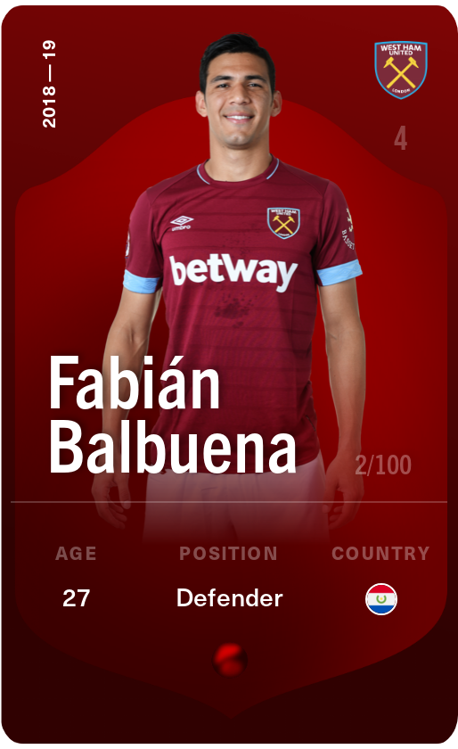 Sorare - Sorare Official - Fabián Balbuena 2018-19 • Rare 2/100 - NFT # 16440911864523560595587447384530553480621448728798904884514574355474317584942