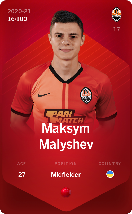 Sorare - Sorare Official - Maksym Malyshev 2020-21 • Rare 16/100 - NFT # 68362108958688022760647882560178713590312069781074909080955673266947423741421