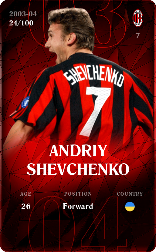 Sorare - Sorare Official - Andriy Shevchenko 2003-04 • Rare 24/100 - NFT # 40961817939106507525303775511570831308002299302655267561568232080135917750662