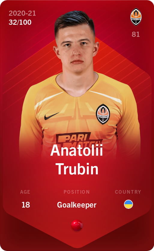 Sorare - Sorare Official - Anatolii Trubin 2020-21 • Rare 32/100 - NFT # 96824586475835801283770774779952678549082628183410346653306593650147902945018