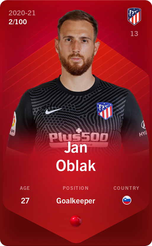 Sorare - Sorare Official - Jan Oblak 2020-21 • Rare 2/100 - NFT # 10987584072548804340340316316523367447531241435367907910367023143449291627666