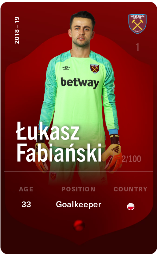 Sorare - Sorare Official - Łukasz Fabiański 2018-19 • Rare 2/100 - NFT # 17462071800217823202065483269251033985672330286079739427879583085893077556819