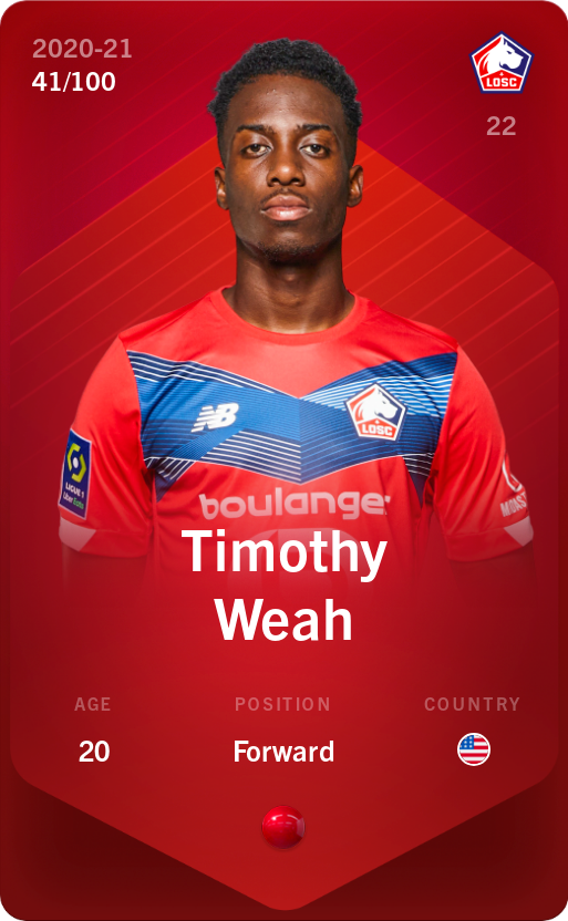 Sorare - Sorare Official - Timothy Weah 2020-21 • Rare 41/100 - NFT # 14027429522511579332530704706230723259548272310768727044355378270736857095407