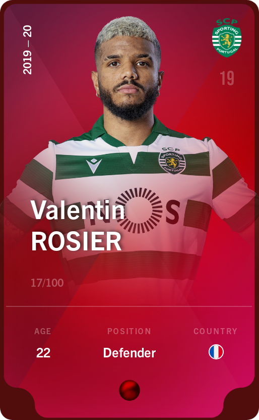 Sorare - Sorare Official - Valentin Rosier 2019-20 • Rare 17/100 - NFT # 12798233104472849854003886389416343737330228177995325927336260665964774190335
