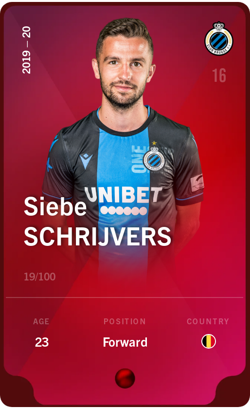 Sorare - Sorare Official - Siebe Schrijvers 2019-20 • Rare 19/100 - NFT # 4542099152110777047201934192491684309625965495529186222291879338792066039678