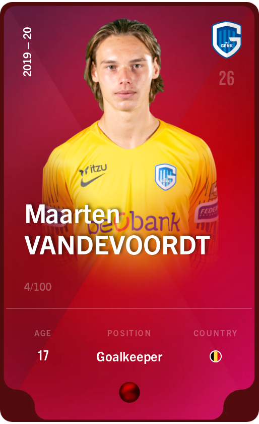 Sorare - Sorare Official - Maarten Vandevoordt 2019-20 • Rare 4/100 - NFT # 34233145897498076918203502144433994869694036516055876368896119071914785476632