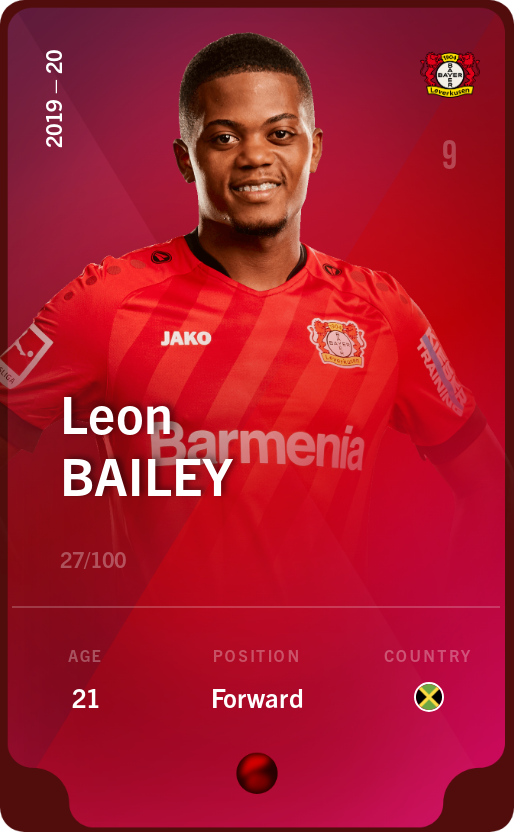 Sorare - Sorare Official - Leon Bailey 2019-20 • Rare 27/100 - NFT # 65031887563773612215196026277192126369034202441216108692990577492347392544151