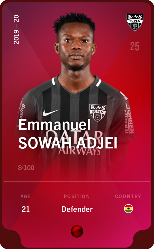 Sorare - Sorare Official - Emmanuel Sowah Adjei 2019-20 • Rare 8/100 - NFT # 97043348185705658253861845611233062403445520472513280922849572052238027079045