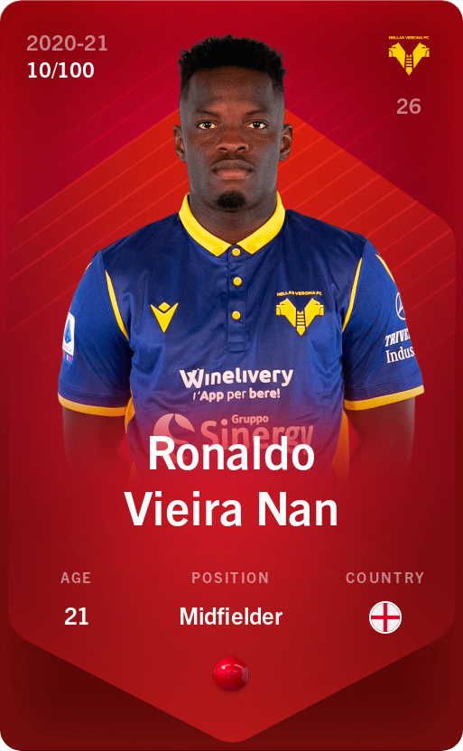 Sorare - Sorare Official - Ronaldo Vieira Nan 2020-21 • Rare 10/100 - NFT # 57892355767643501889875653776808833637481622185380986304151890621435098916040
