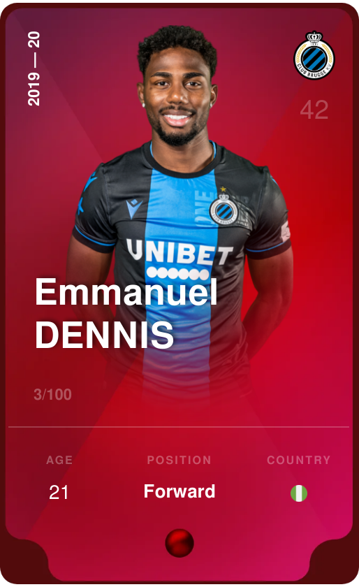 Sorare - Sorare Official - Emmanuel Dennis 2019-20 • Rare 3/100 - NFT # 40852966802912143255070727325605861425631866094546216621432199519754990946985