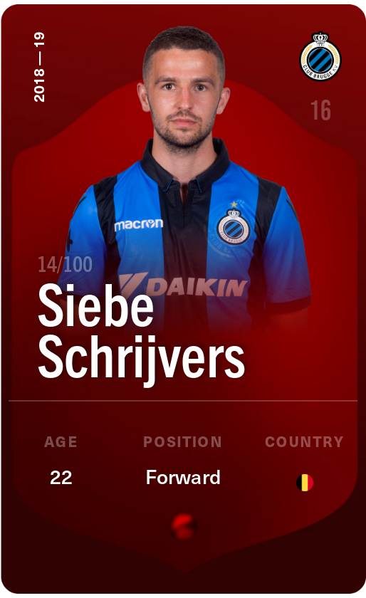 Sorare - Sorare Official - Siebe Schrijvers 2018-19 • Rare 14/100 - NFT # 3551111712267315692785146274880336575505971960362666074557493585616097249493