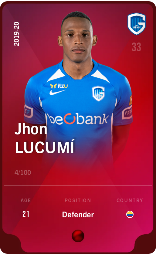 Sorare - Sorare Official - Jhon Lucumí 2019-20 • Rare 4/100 - NFT # 68351766413128120457211527338436762095849652533118593357377344360621214841615