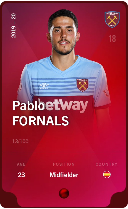 Sorare - Sorare Official - Pablo Fornals 2019-20 • Rare 13/100 - NFT # 70743331911087609419177184380972535804258022098266923546235885701422139126297
