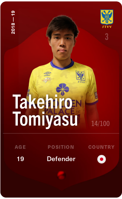 Sorare - Sorare Official - Takehiro Tomiyasu 2018-19 • Rare 14/100 - NFT # 75459154377814448782353150615093560336719079405877315581517936105514728373387