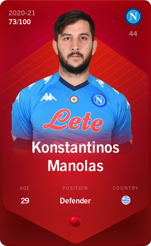 Sorare - Sorare Official - Konstantinos Manolas 2020-21 • Rare 73/100 - NFT # 5260768218794913223139792277616790212179138954353123371409172336787437542481