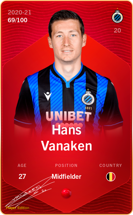 Sorare - Sorare Official - Hans Vanaken 2020-21 • Rare 69/100 - NFT # 18904879567360710053399012505105500775894322328775333317042926286063185595322