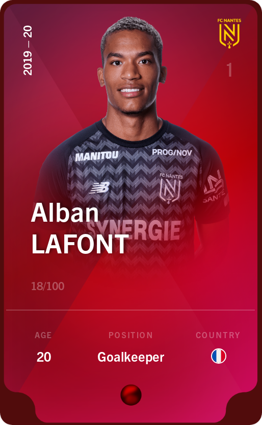 Sorare - Sorare Official - Alban Lafont 2019-20 • Rare 18/100 - NFT # 74188052650240266308631448179557286171617597091924877947271670385693411361436