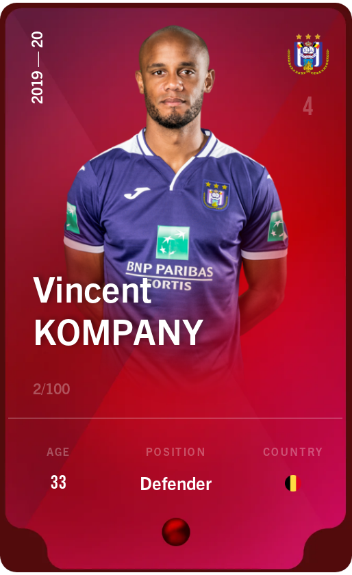 Sorare - Sorare Official - Vincent Kompany 2019-20 • Rare 2/100 - NFT # 48971812215765313735852268354161459420248837263679977718222658390855518233122