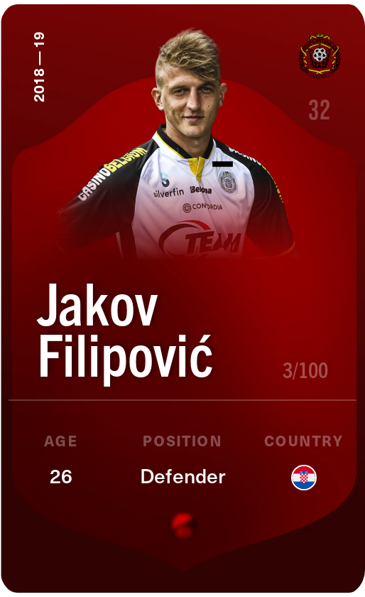 Sorare - Sorare Official - Jakov Filipović 2018-19 • Rare 3/100 - NFT # 98064471861844977234038562617798091671014886002237616287828701705658608987705
