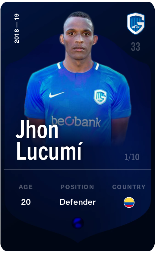 Sorare - Sorare Official - Jhon Lucumí 2018-19 • Super Rare 1/10 - NFT # 56959481348886324274567694440079893578965683381608379281428351977107539725197