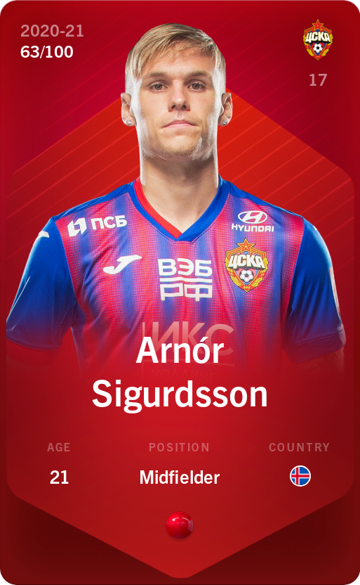 Sorare - Sorare Official - Arnór Sigurdsson 2020-21 • Rare 63/100 - NFT # 59802166903746853846108287009048091959878835499657743489518365712530713720973