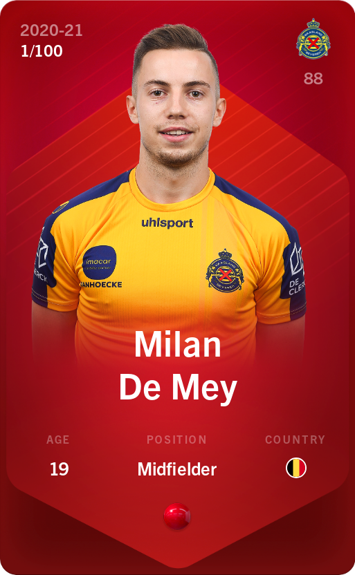 Sorare - Sorare Official - Milan De Mey 2020-21 • Rare 1/100 - NFT # 95307468495528931826157907864602382912437458614183841952927628671071821369074