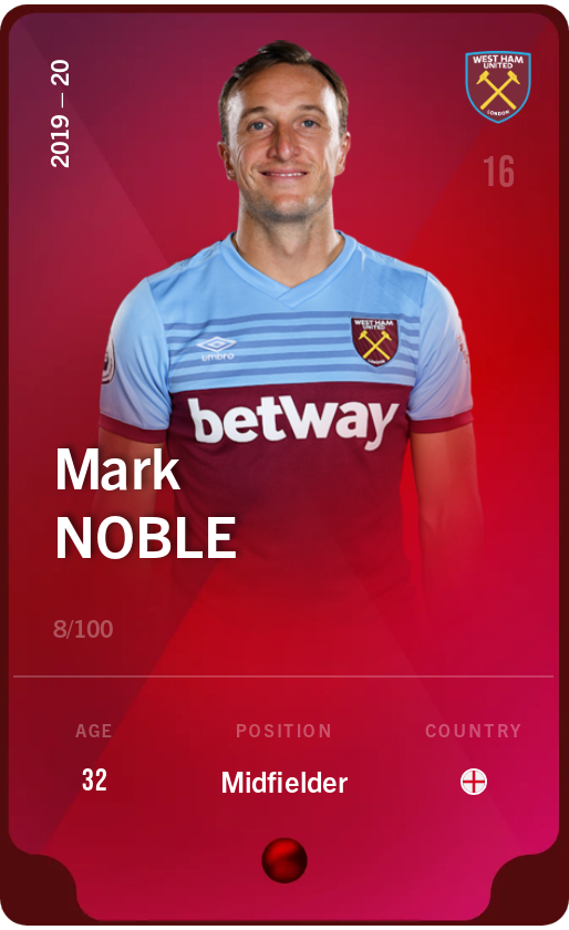 Sorare - Sorare Official - Mark Noble 2019-20 • Rare 8/100 - NFT # 92255296917196622955344475100330569741750922357144734738935699508129955214604