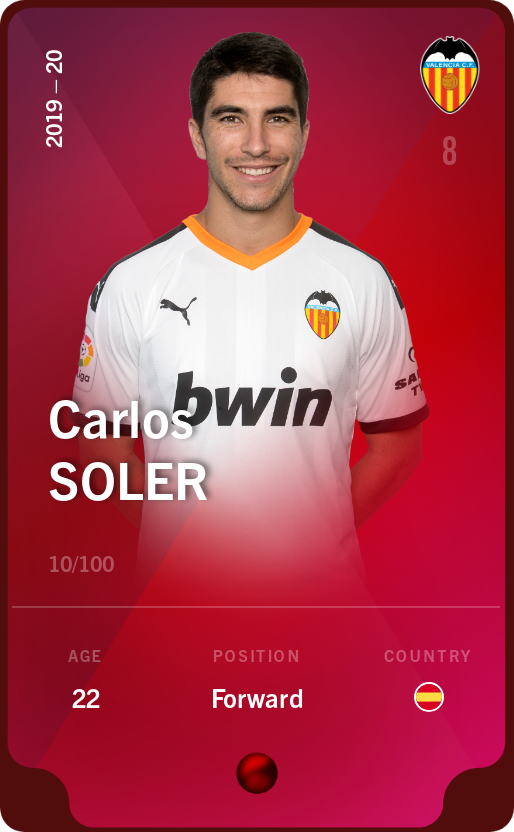 Sorare - Sorare Official - Carlos Soler 2019-20 • Rare 10/100 - NFT # 43159332722458923672674522277026339257947227446213513807087629423292393264296