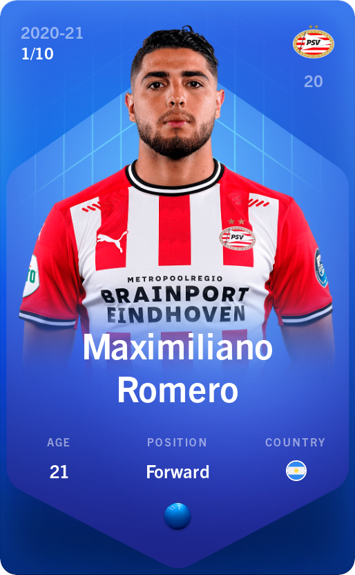 Sorare - Sorare Official - Maximiliano Romero 2020-21 • Super Rare 1/10 - NFT # 85704833301210818471932069728725659096905097406832502062778757684622635311211
