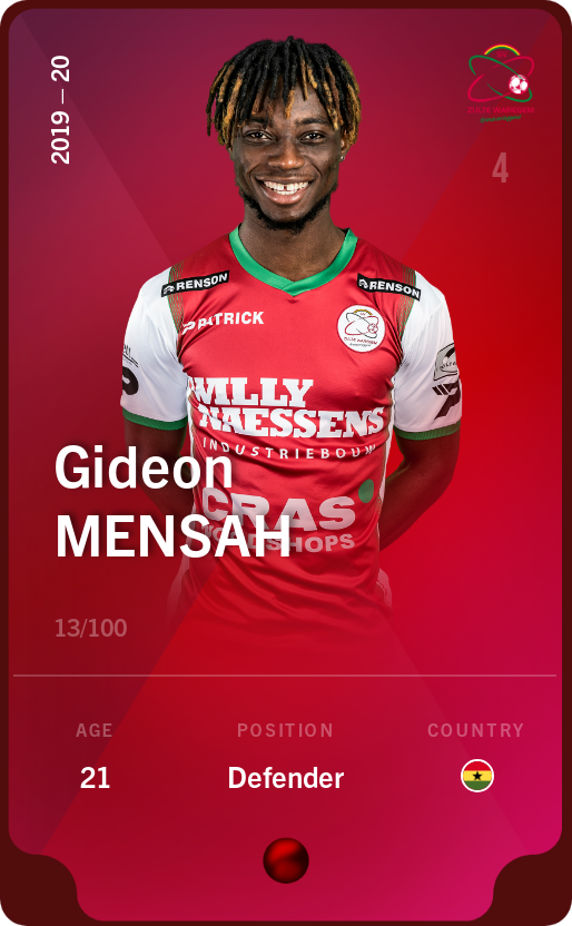 Sorare - Sorare Official - Gideon Mensah 2019-20 • Rare 13/100 - NFT # 29322936323661197064684553862354832643079892826292280798617184143300709580400