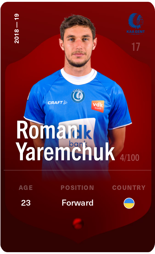 Sorare - Sorare Official - Roman Yaremchuk 2018-19 • Rare 4/100 - NFT # 95421449975483217080090487227452169958506239754648846791779839380904280707684