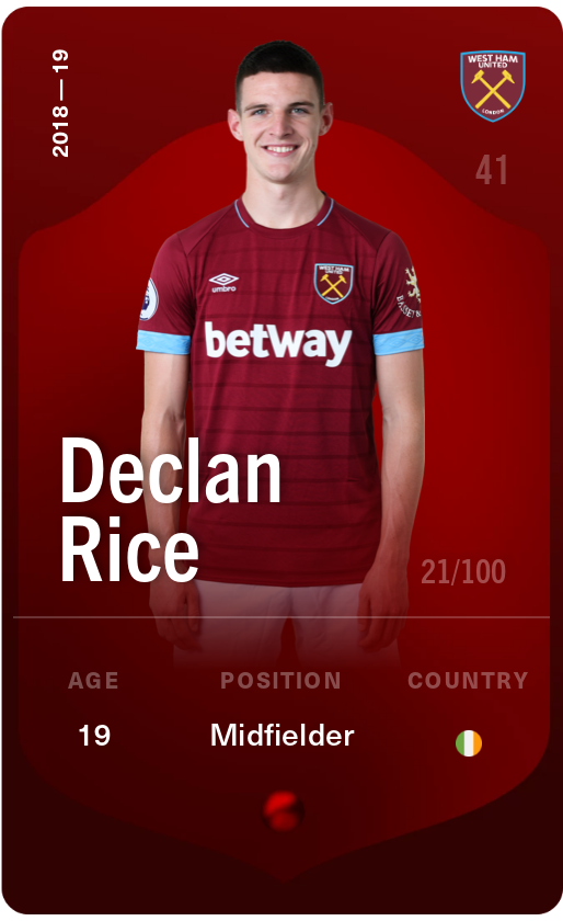 Sorare - Sorare Official - Declan Rice 2018-19 • Rare 21/100 - NFT # 75041556048379117011399915160686341851310433953201079878046184508911038538412
