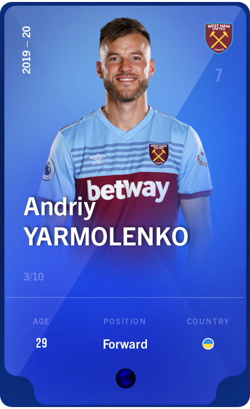 Sorare - Sorare Official - Andriy Yarmolenko 2019-20 • Super Rare 3/10 - NFT # 105803559345238328742962945747076072820624690104080360487817916482480727278942