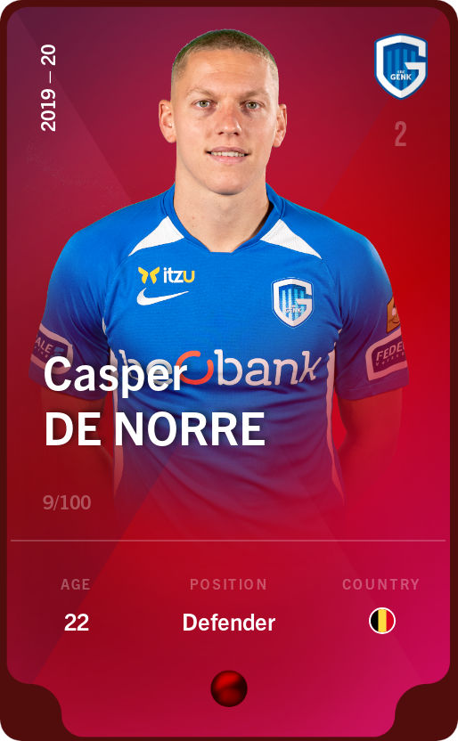 Sorare - Sorare Official - Casper De Norre 2019-20 • Rare 9/100 - NFT # 27942888635118880553157845855753477573564440625041018759325201020640696299365