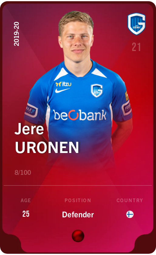 Sorare - Sorare Official - Jere Uronen 2019-20 • Rare 8/100 - NFT # 52332538447344190184526639803369213692708844199697814012456917731412673022006