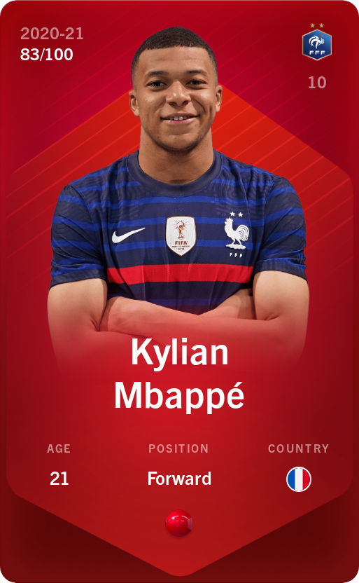 Sorare - Sorare Official - Kylian Mbappé 2020-21 • Rare 83/100 - NFT # 77251046171308427706467224198696324842149842835949906864728057829364671192370