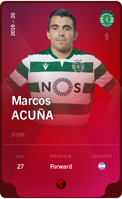 Sorare - Sorare Official - Marcos Acuña 2019-20 • Rare 3/100 - NFT # 6665311046675222365884868966399628484150364663447526844092322465791501697123