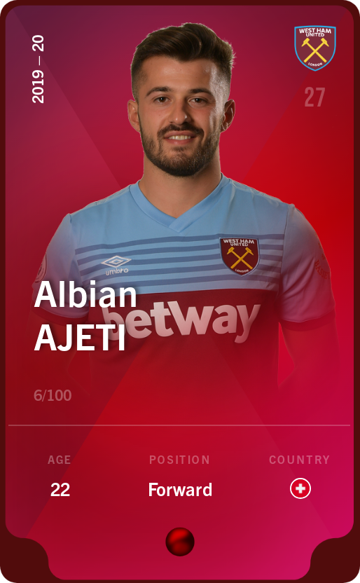 Sorare - Sorare Official - Albian Ajeti 2019-20 • Rare 6/100 - NFT # 24780144943522078007387349164934522855657584856922953139658287268101364491615