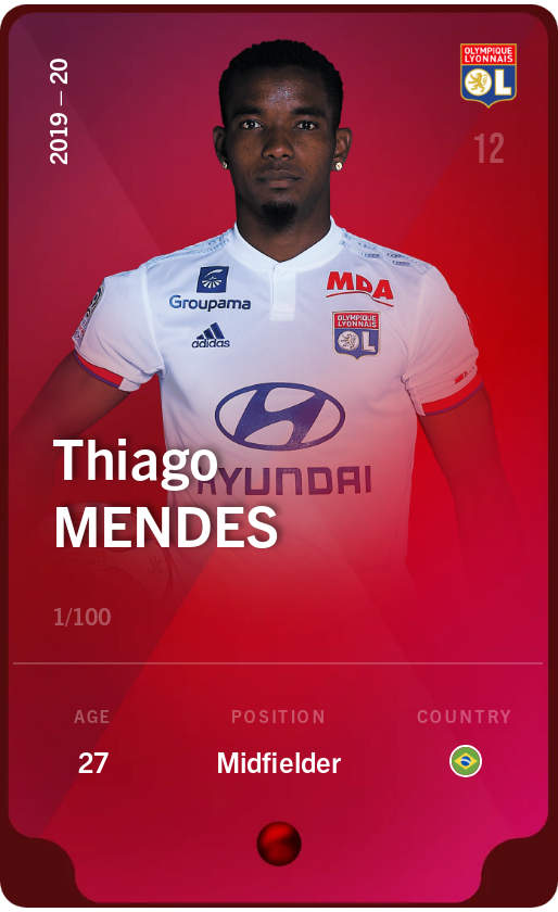 Sorare - Sorare Official - Thiago Mendes 2019-20 • Rare 1/100 - NFT # 70237786447407771626511473835886849415941147139880722789311572481823554707230