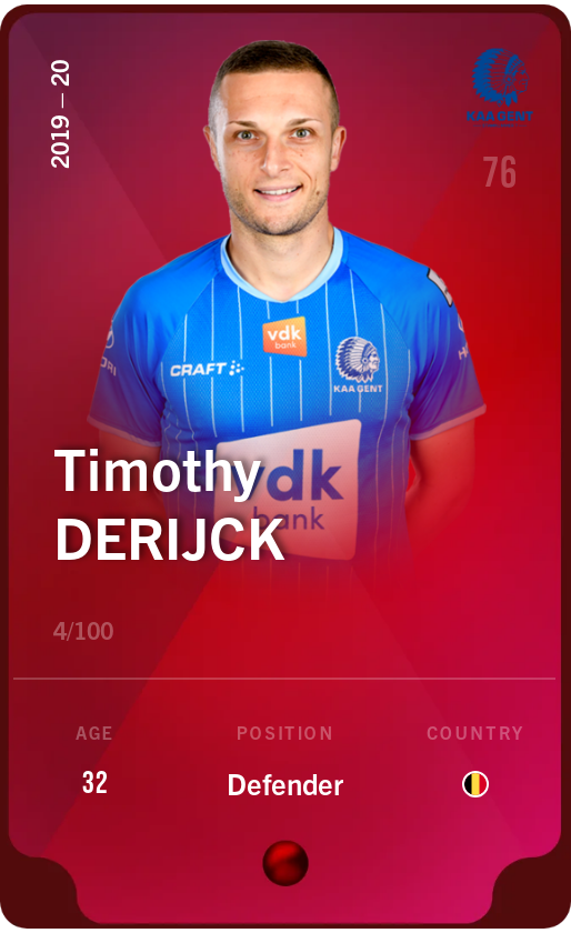 Sorare - Sorare Official - Timothy Derijck 2019-20 • Rare 4/100 - NFT # 41765901797856521890887846408721717445840111802021073007628068132002987917904