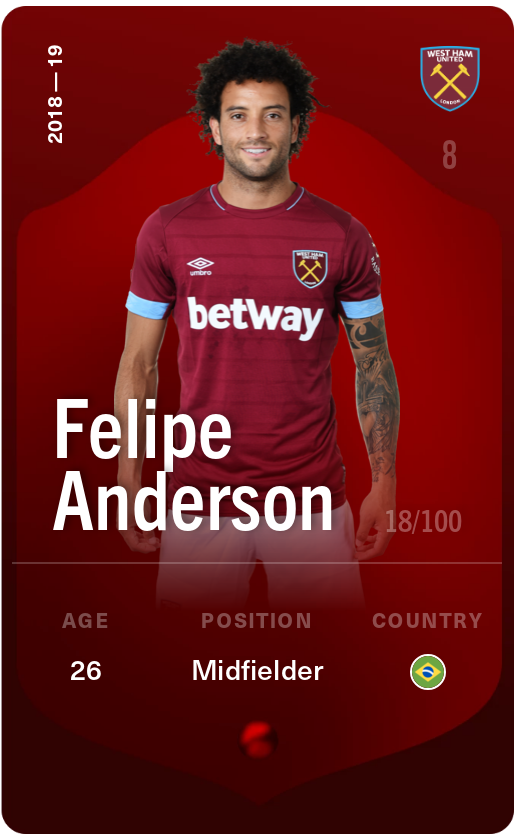 Sorare - Sorare Official - Felipe Anderson 2018-19 • Rare 18/100 - NFT # 108308579155689957193659663362705095999403502253467050585919840964023651297795