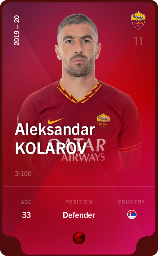 Sorare - Sorare Official - Aleksandar Kolarov 2019-20 • Rare 3/100 - NFT # 114279297273788254685016390899496064976782331929987205338985016901340431135852