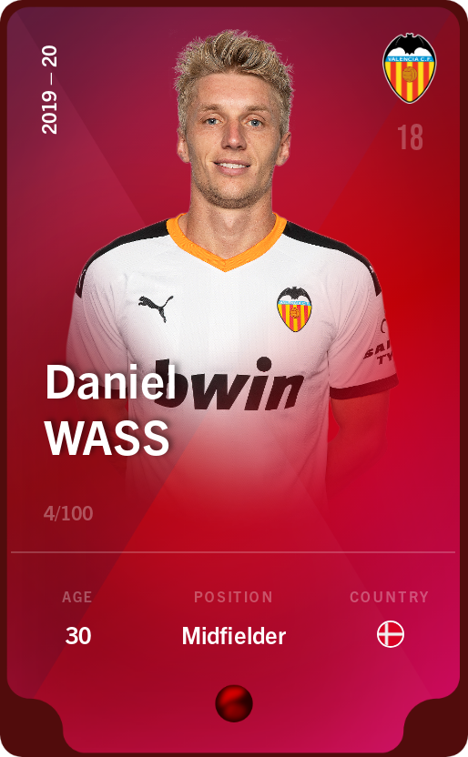 Sorare - Sorare Official - Daniel Wass 2019-20 • Rare 4/100 - NFT # 70725639174458691495650690488806374812059806189025193546282828104745841125586